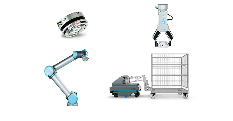 Diversos productos de las compañías que distribuye RobotPlus: OptoForce (sensores hápticos), Universal Robots (brazos robóticos), On Robot (pinzas), MiR (robots móviles autónomos)